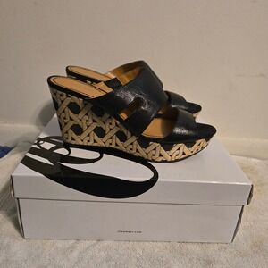Nine West Edyna Wedge Sandals Women 8.5 Black Leather Woven Platform NW7EDYNA